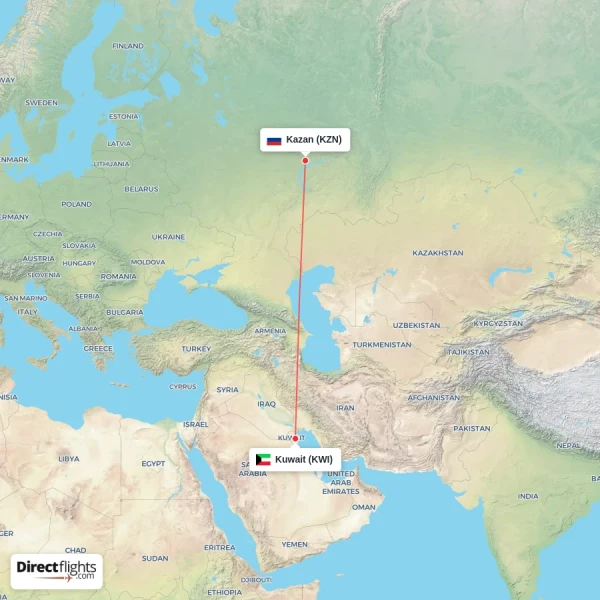 Kazan - Kuwait direct flight map
