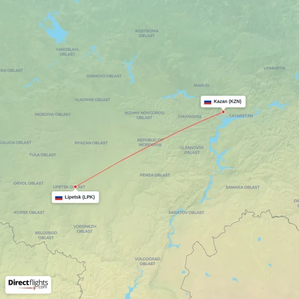 Kazan - Lipetsk direct flight map