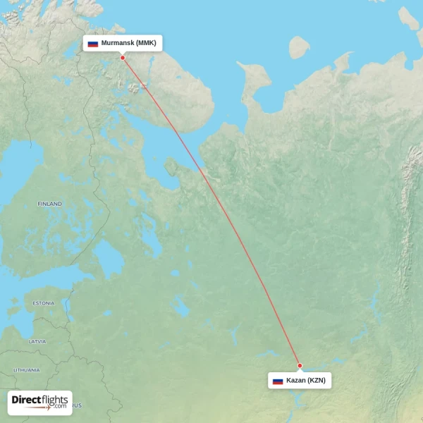 Kazan - Murmansk direct flight map