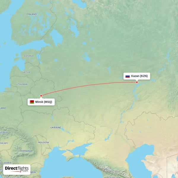 Kazan - Minsk direct flight map