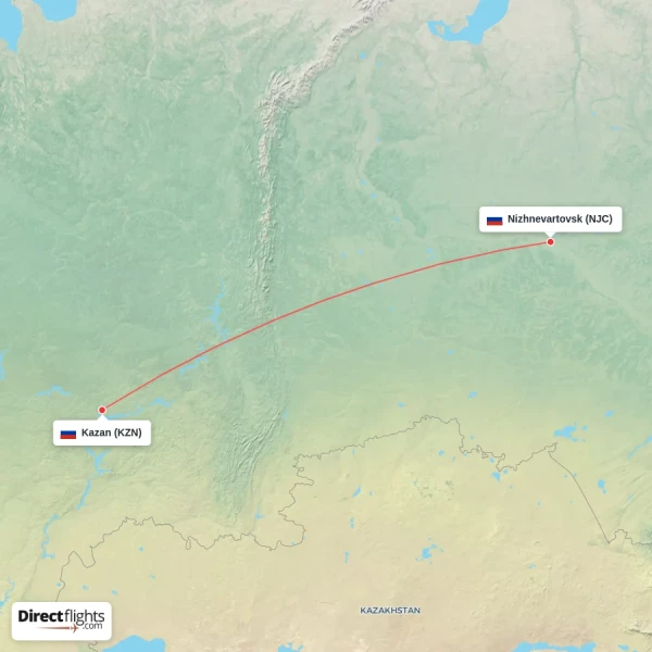 Kazan - Nizhnevartovsk direct flight map