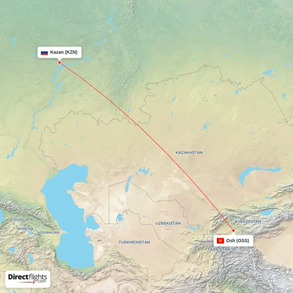 Kazan - Osh direct flight map
