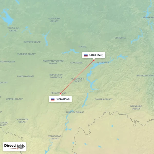 Kazan - Penza direct flight map