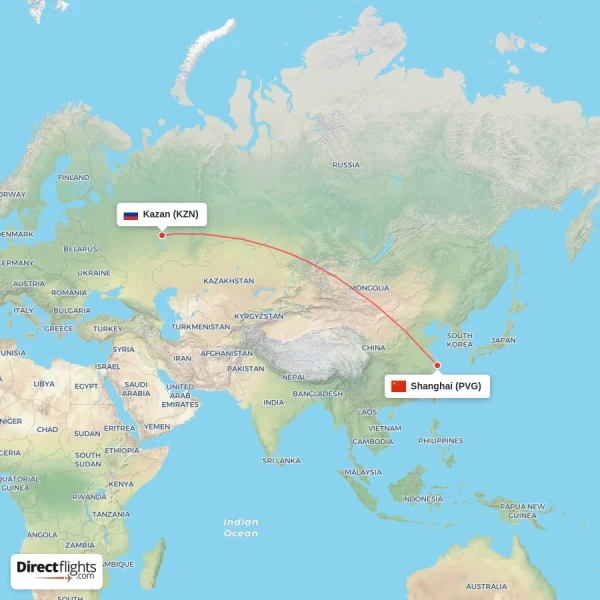 Kazan - Shanghai direct flight map