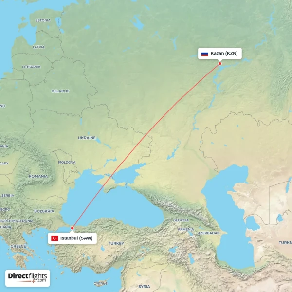 Kazan - Istanbul direct flight map