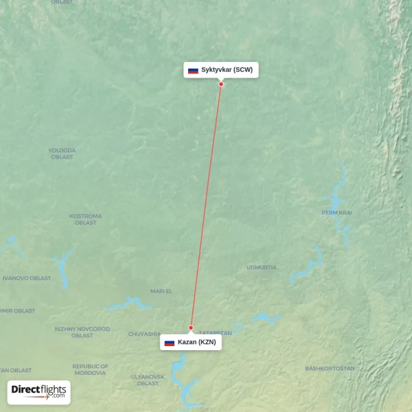 Kazan - Syktyvkar direct flight map