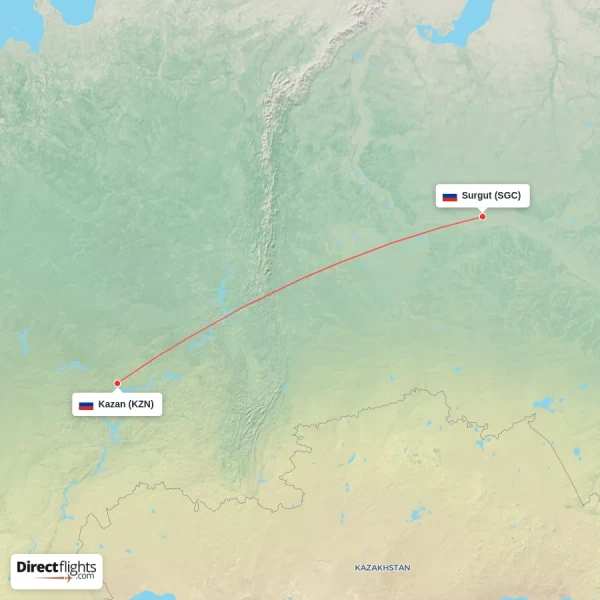 Kazan - Surgut direct flight map
