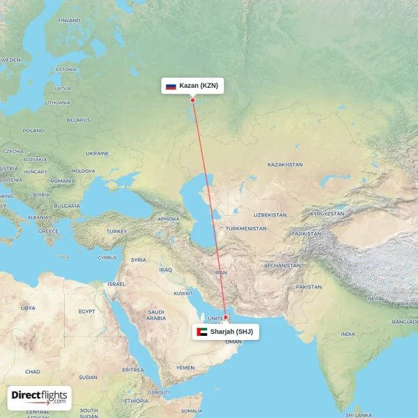 Kazan - Sharjah direct flight map