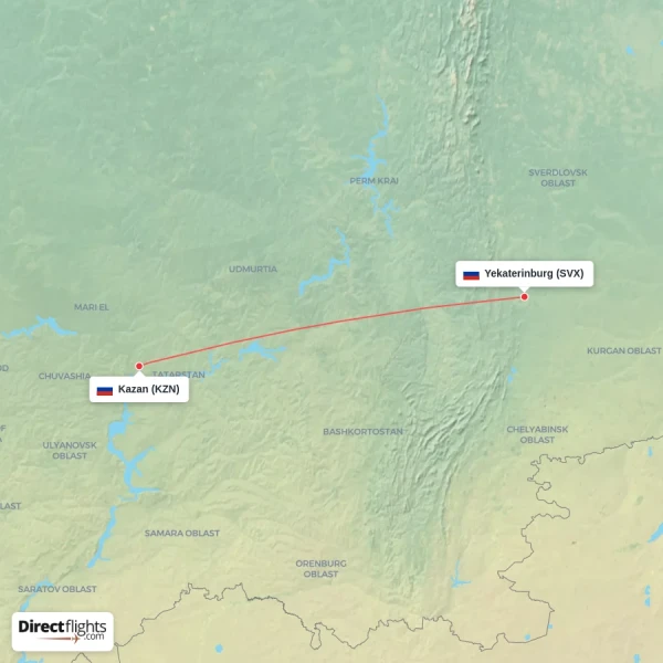 Kazan - Yekaterinburg direct flight map