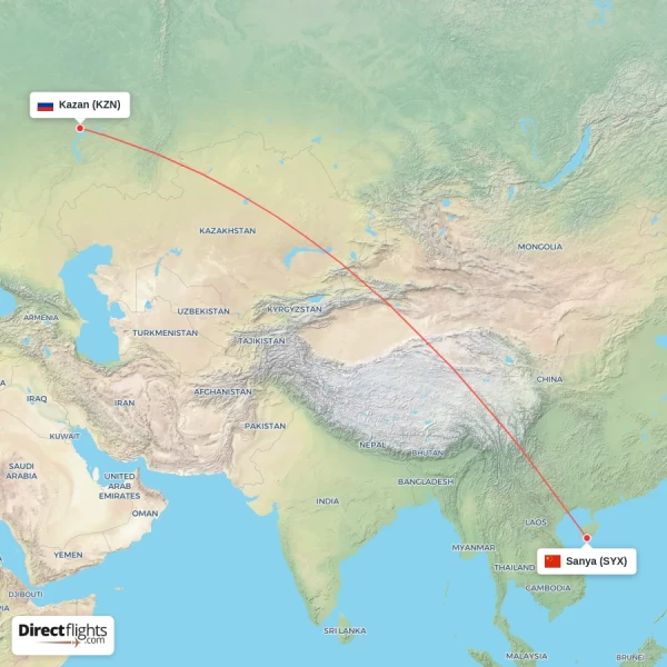 Kazan - Sanya direct flight map