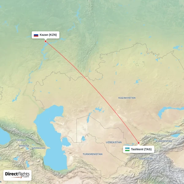 Kazan - Tashkent direct flight map