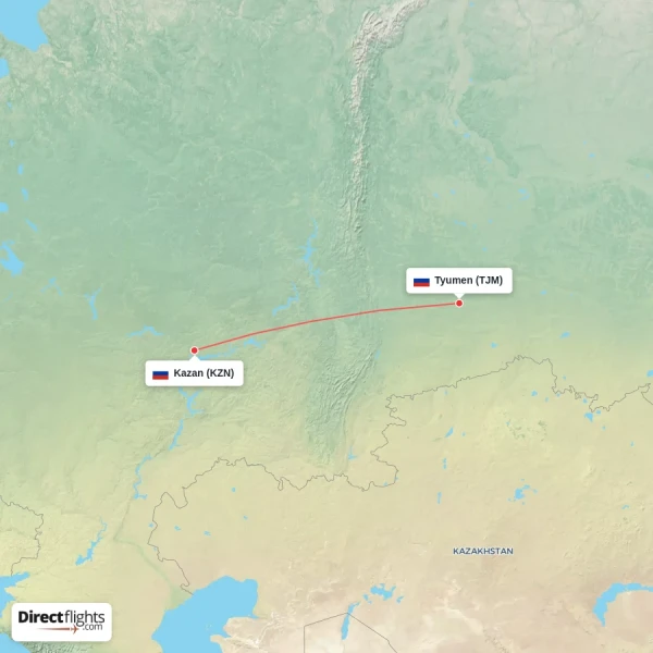 Kazan - Tyumen direct flight map