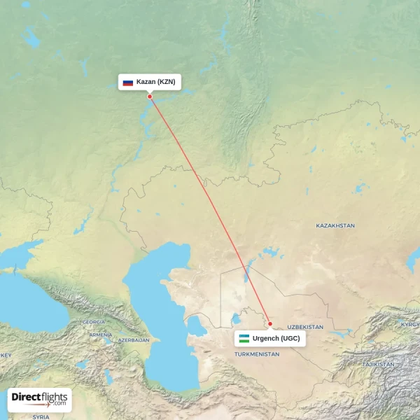 Kazan - Urgench direct flight map