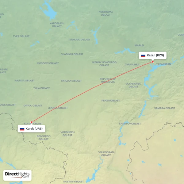 Kazan - Kursk direct flight map