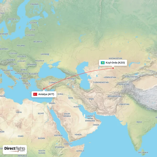 Kzyl-Orda - Antalya direct flight map