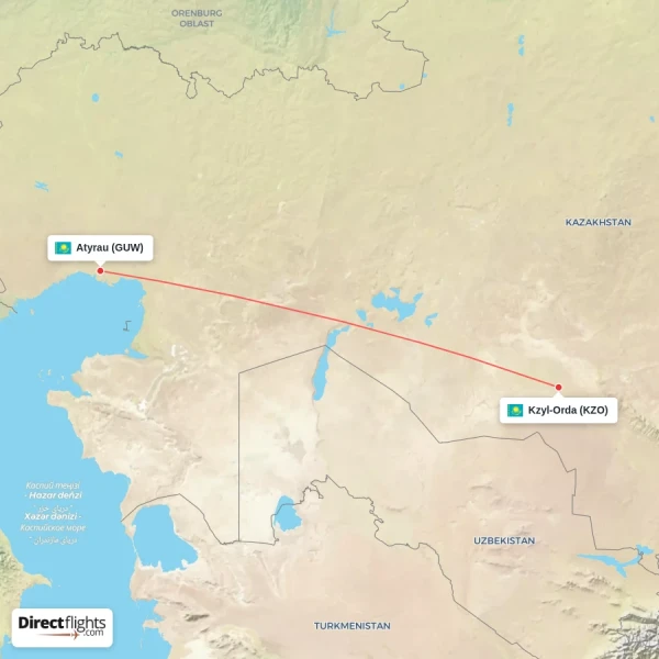 Kzyl-Orda - Atyrau direct flight map
