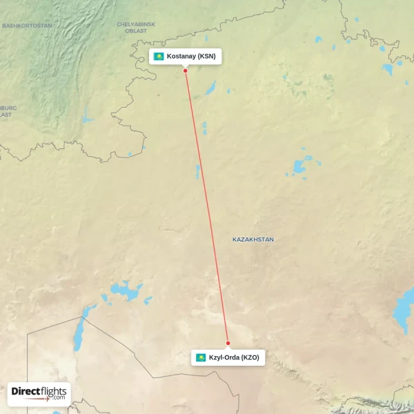 Kzyl-Orda - Kostanay direct flight map