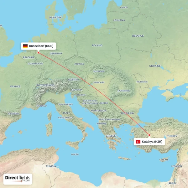Kutahya - Dusseldorf direct flight map