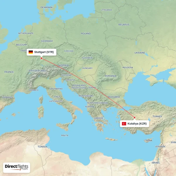 Kutahya - Stuttgart direct flight map