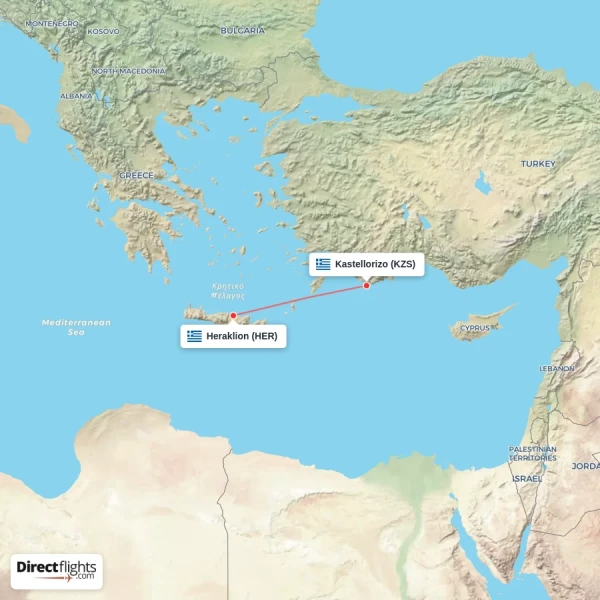 Kastellorizo - Heraklion direct flight map