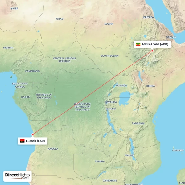 Luanda - Addis Ababa direct flight map