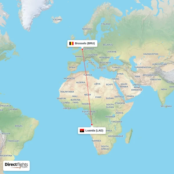 Luanda - Brussels direct flight map