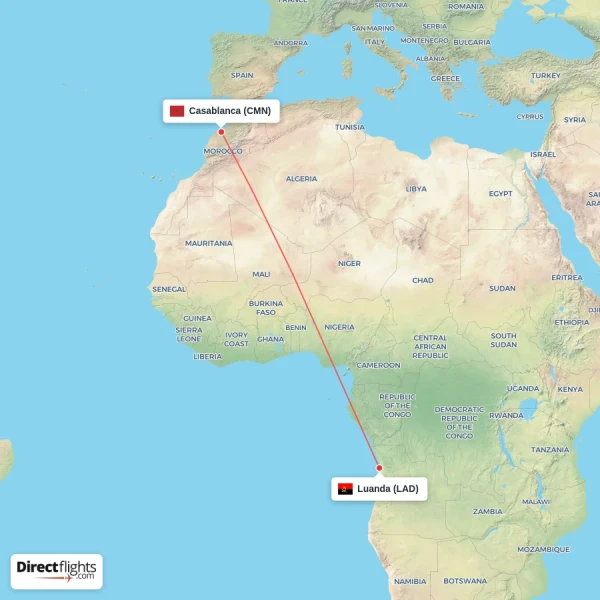 Luanda - Casablanca direct flight map