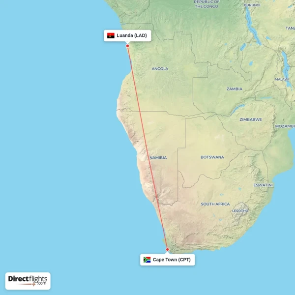 Luanda - Cape Town direct flight map