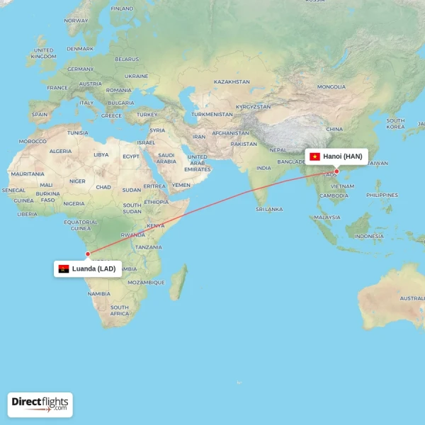 Luanda - Hanoi direct flight map