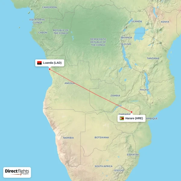Luanda - Harare direct flight map
