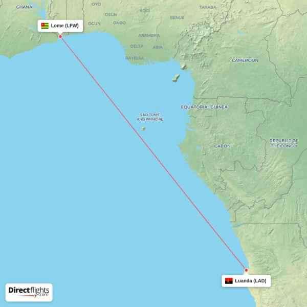 Luanda - Lome direct flight map