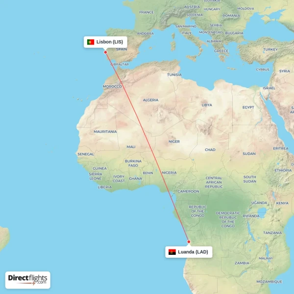 Luanda - Lisbon direct flight map