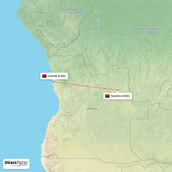 Luanda - Saurimo direct flight map