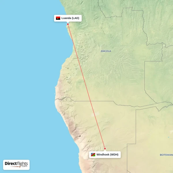 Luanda - Windhoek direct flight map