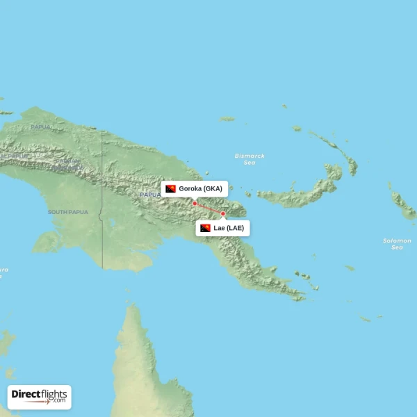 Lae - Goroka direct flight map