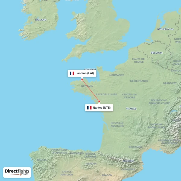 Lannion - Nantes direct flight map