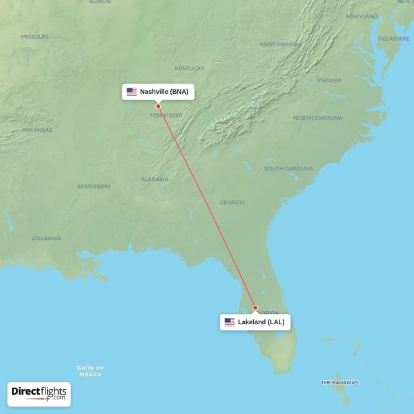 Lakeland - Nashville direct flight map