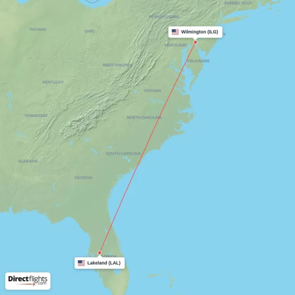 Lakeland - Wilmington direct flight map