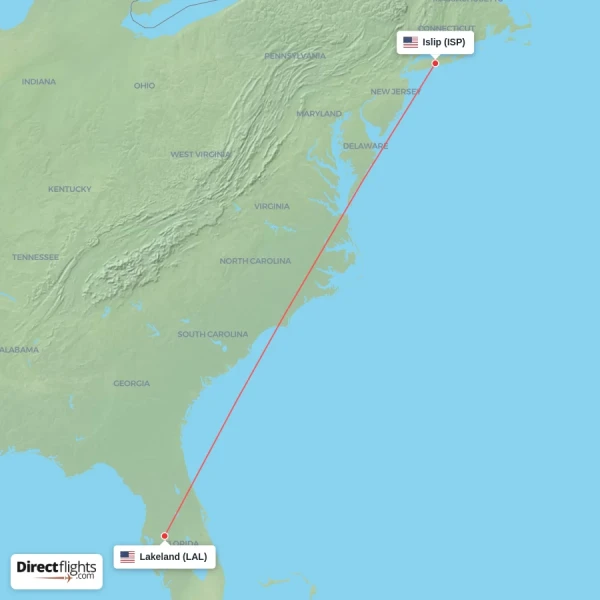 Lakeland - Islip direct flight map