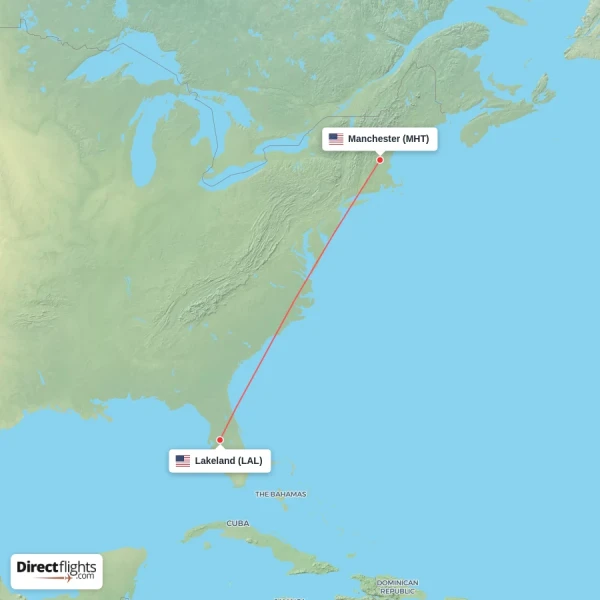 Lakeland - Manchester direct flight map