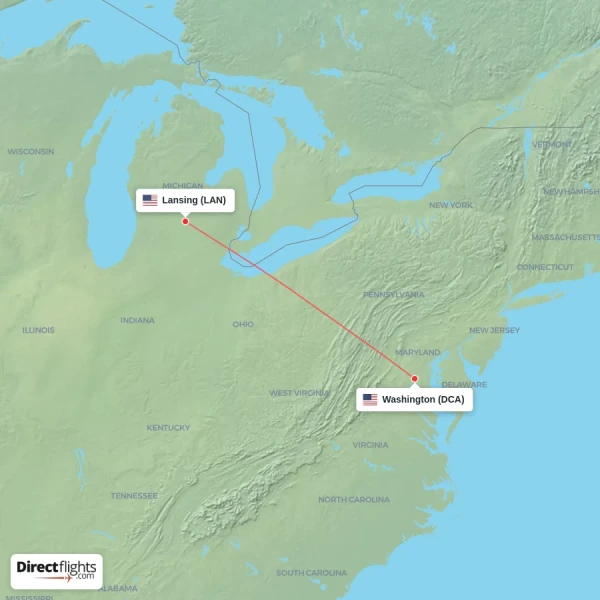Lansing - Washington direct flight map