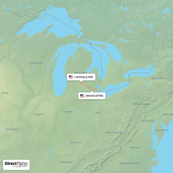 Lansing - Detroit direct flight map