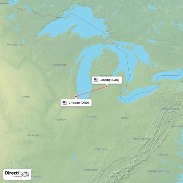 Lansing - Chicago direct flight map