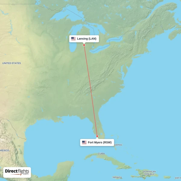 Lansing - Fort Myers direct flight map