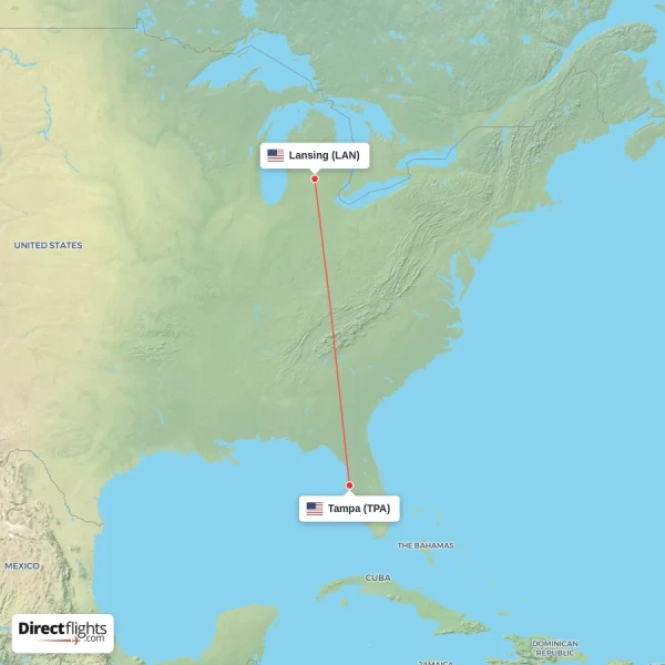 Lansing - Tampa direct flight map