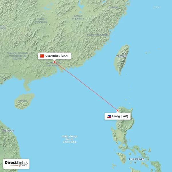 Laoag - Guangzhou direct flight map