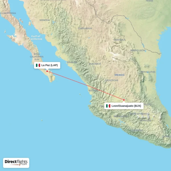 La Paz - Leon/Guanajuato direct flight map