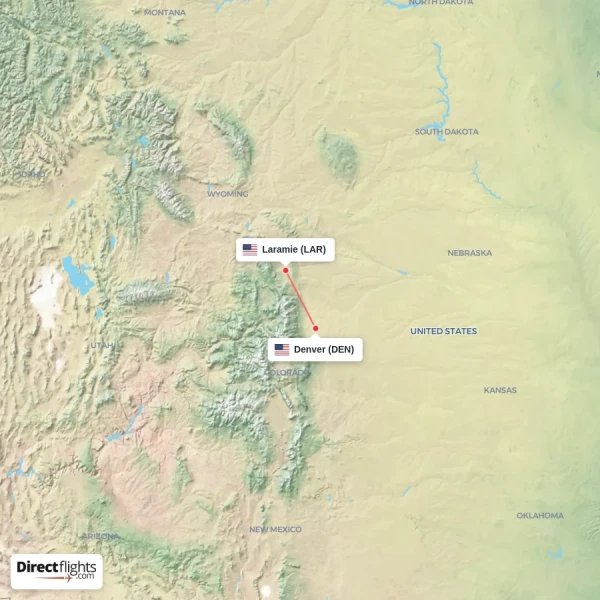 Laramie - Denver direct flight map