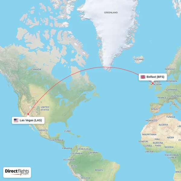 Las Vegas - Belfast direct flight map