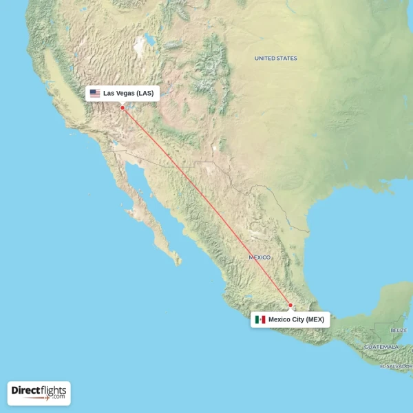 Las Vegas - Mexico City direct flight map